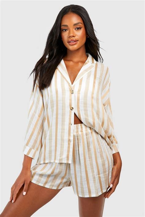 Linen Stripe Pyjama Short Boohoo Uk