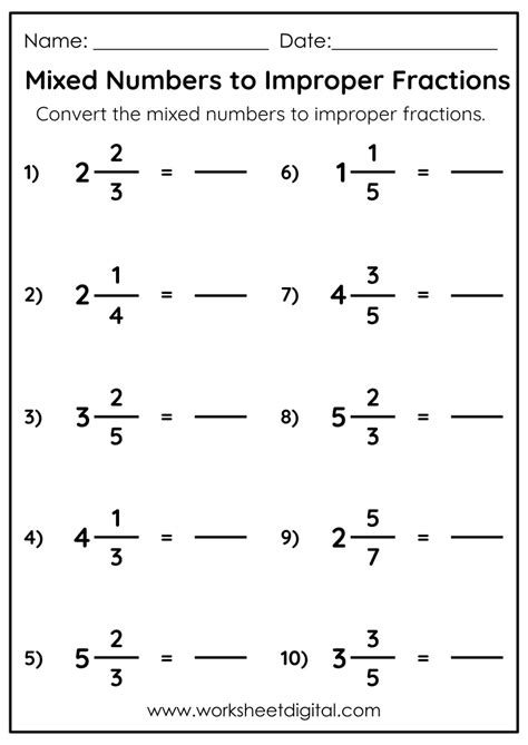 Converting Mixed Numbers to Improper Fractions - Worksheet Digital