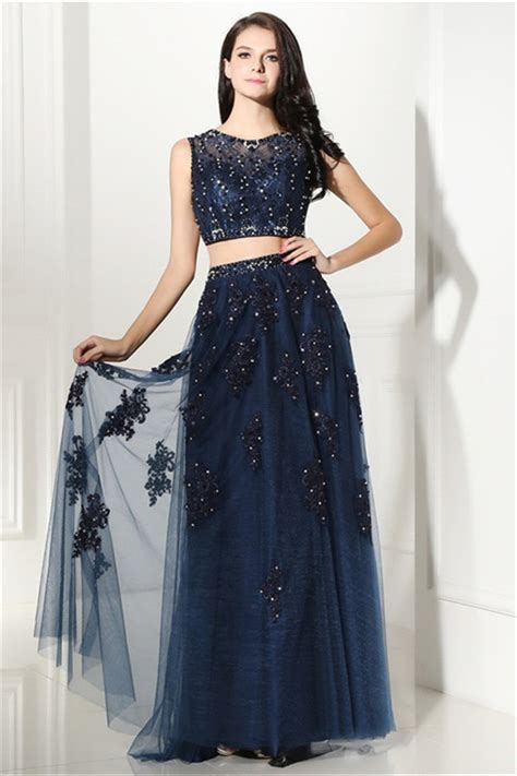 Sparkly Two Piece Long Navy Blue Tulle Lace Beaded Prom Dress