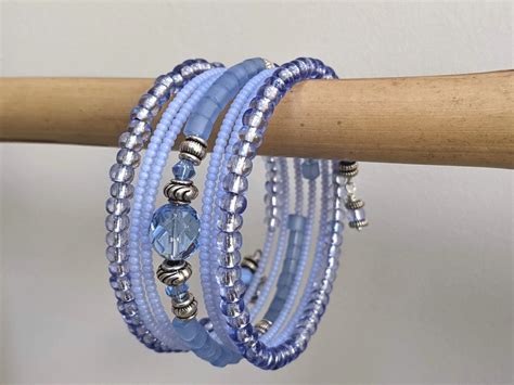 Seed Bead Memory Wire Bracelet In Cornflower Blue Stacked Etsy