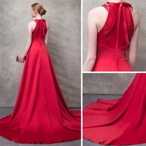 Elegant Red Evening Dresses 2017 A Line Princess Bow Beading High