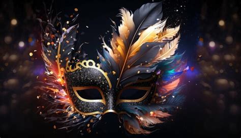 Premium AI Image A Black And Gold Carnival Mask With Gold Feathers