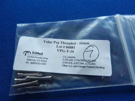 Trimed Volar Peg Threaded 16mm Qty 7 Ref Vpg T 16 Ringle Medical