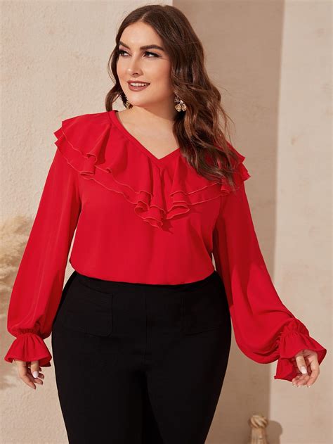 Red Elegant Long Sleeve Polyester Plain Top Embellished Non Stretch Spring Plus Size Tops