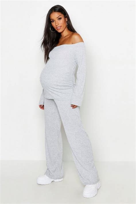 Maternity Knitted Bardot Wide Leg Lounge Set Boohoo