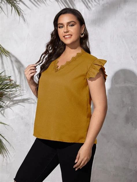 Blusa Con Encaje En Contraste Escote V Ribete Con Fruncido Blusas De