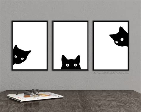 Cat Art Print Black Cat 3 Piece Wall Art Black and White | Etsy