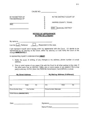 Fillable Online P 1 NOTICE OF APPEARANCE BY PRO SE LITIGANT Fax