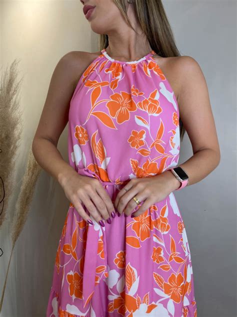 Vestido Longo Gola Alta Amarra O Cinto Faixa Camadas Babados Floral