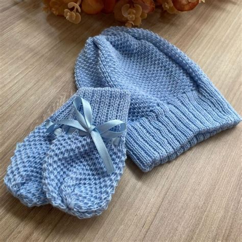 Conjunto bebê recém nascido Touca e Luvas de Tricot Azul Bebê Saída de