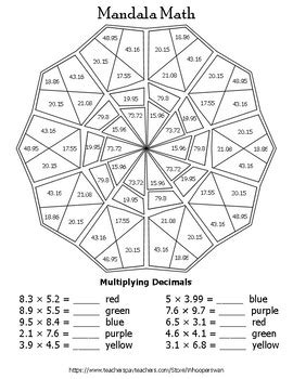 Multiplying Decimals Mandala Math Color By Number By WhooperSwan