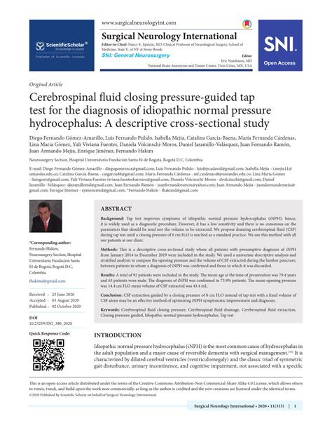 PDF Cerebrospinal Fluid Closing Pressure Guided Tap Test For The