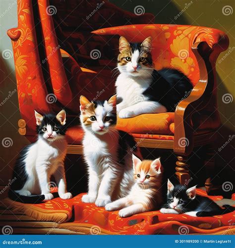 A Cat And Beautiful Kittens Lie In A Chair Stock Illustration