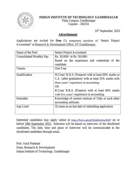 IIT Gandhinagar Invites Application For Senior Project Accountant