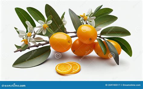 Kumquat Isolated Set Of Orange Ripe Cumquat Fruit On Branch With Green