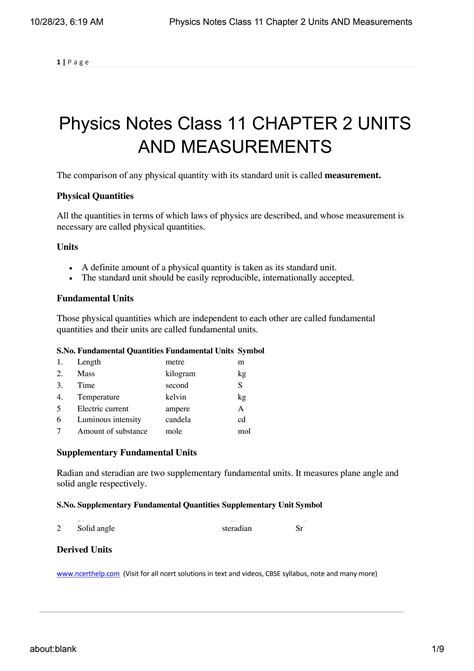 Solution Physics Notes Class Chapter Units And Measurements