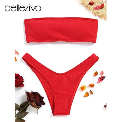 Belleziva New Ribbed High Cut Solid Color Bandeau Bikini Set Sexy Women