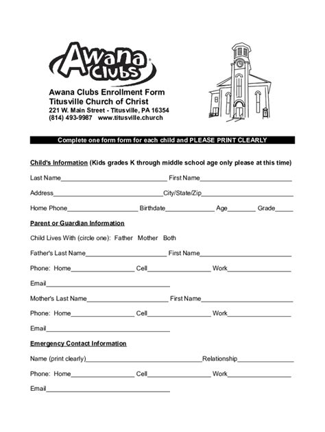 Fillable Online Awana Clubs Enrollment Form Titusville Church Of Christ