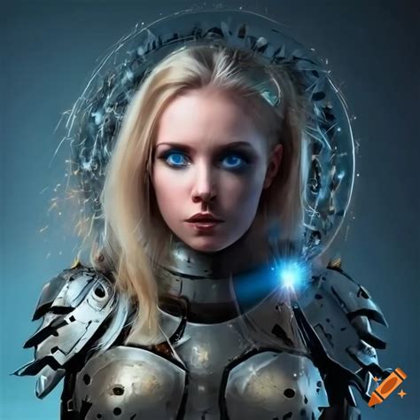 Blonde Woman In Electric Metal Armor With A Shield