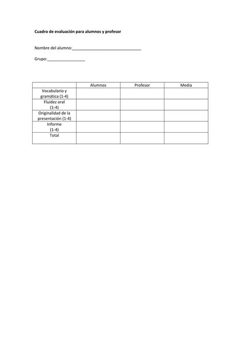 Cuadro de evaluación para alumnos y profesor PDF