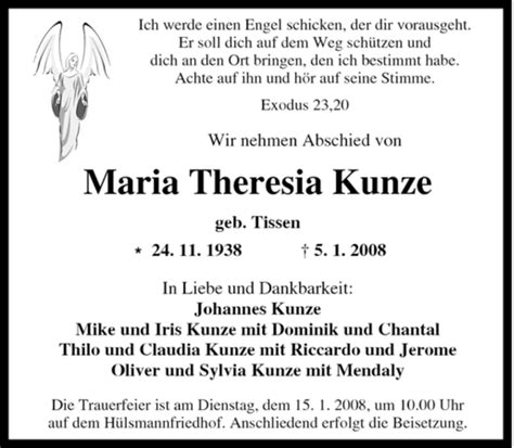 Traueranzeigen Von Maria Theresia Kunze Trauer In Nrw De