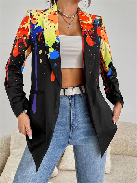 SHEIN Blazers Impressão pincel Gola de Xaile Clothes Trendy