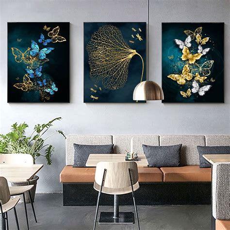 Nordic Golden Blue Abstract Flower Wall Art Butterfly Canvas Painting