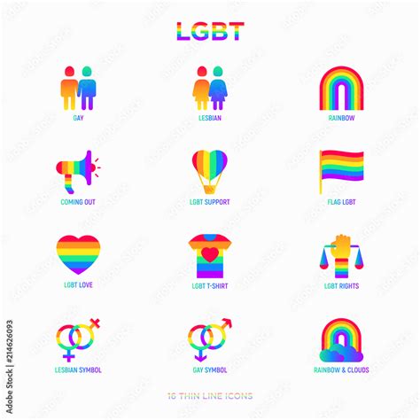 LGBT Thin Line Icons Set Gay Lesbian Rainbow Coming Out Free Love Flag Support Stop