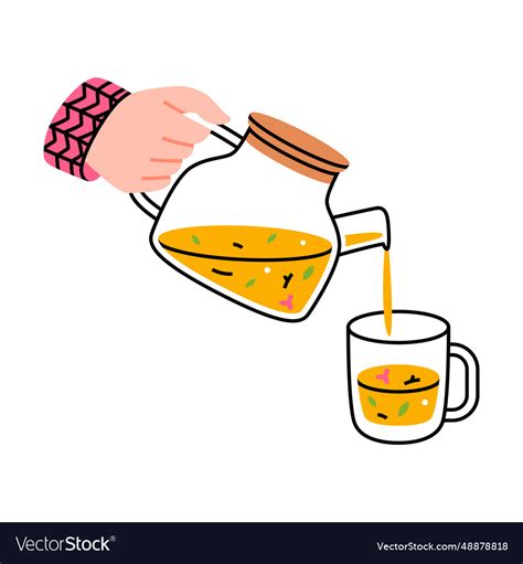 Hand Holding Teapot Pouring Hot Tea Drink In Cup Vector Image