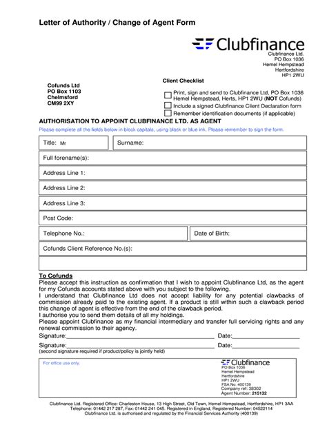 Fillable Online Letter Of Authority Change Of Agent Form Clubfinance