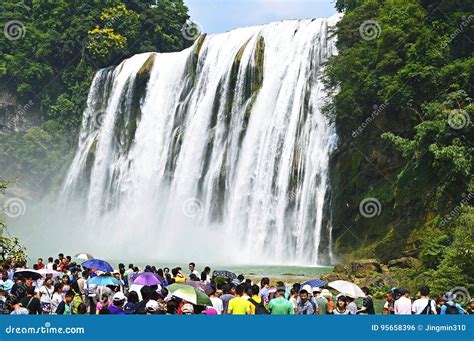 Tourists Visit China Guizhou Huangguoshu Waterfall In Summer Editorial