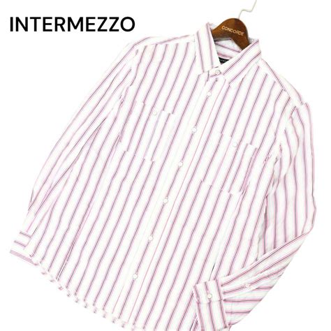 【目立った傷や汚れなし】intermezzo インターメッツォ レナウン 通年 胸ポケット★ 長袖 ボタンダウン ストライプ シャツ Szm