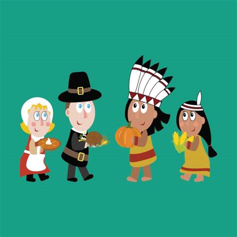 130 Cartoon Native American And Pilgrim Thanksgiving Day Stock