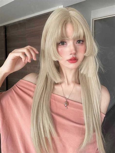 Blonde Hime Cut Long Straight Synthetic Wig Hair Pieces Long Blonde