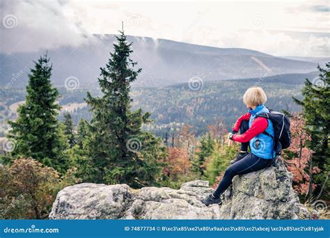 Woman Hiking In Autumn Mountains And Woods Stock Photo Image Of