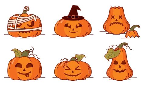 Premium Vector Set Of Spooky Carved Halloween Pumpkin Icons Vector Illustration