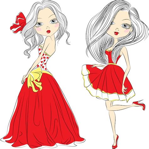 Premium Vector Vector Set Beautiful Fashion Girls In Red Dresses