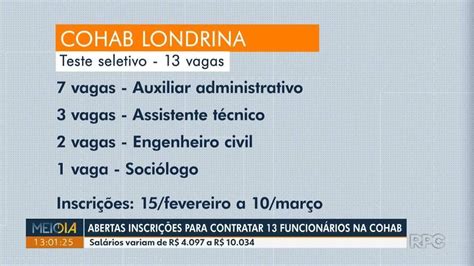 COHAB abre inscrição para processo seletivo para 13 vagas em Londrina