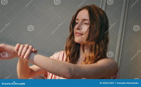 Beautiful Girl Rubbing Hands Massaging Soft Skin Closeup Relaxed Woman At Home Stock Image