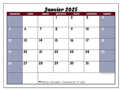 Calendriers Janvier 2025 Michel Zbinden FR