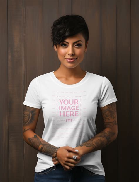 Short Haired Girl With Round Collar T Shirt Mockup Generator Mediamodifier