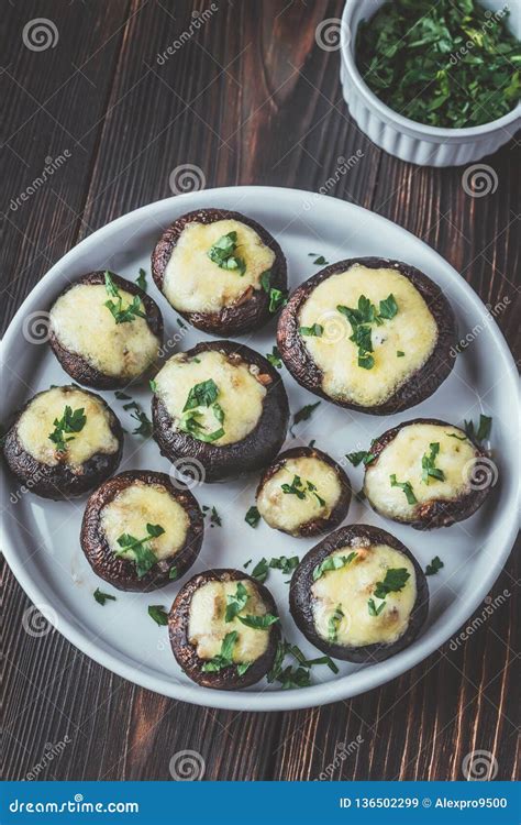 Baked Mushrooms Stuffed With Mozzarella Stock Image Image Of Stuffed