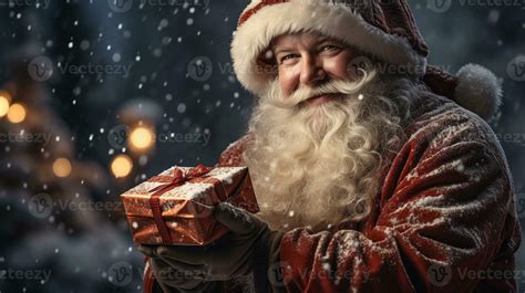 A Happy Smiling Santa Holds A Small Wrapped Christmas Gift Outdoors in ...