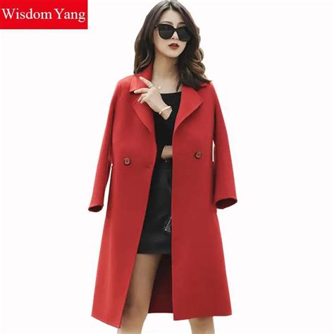 Elegant Red Women Wool Coats Trench Woman Winter Warm Bandage 2018