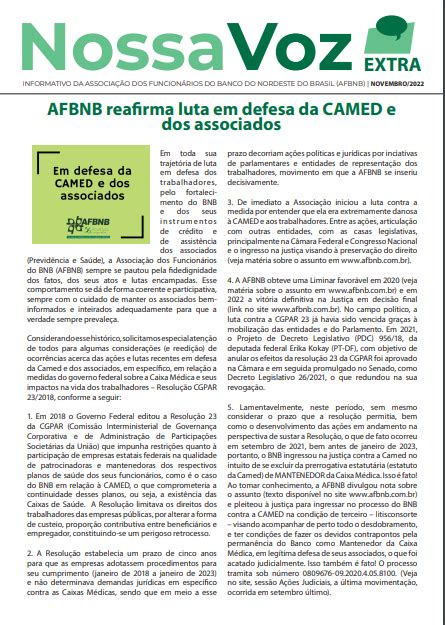 AFBNB Reafirma Luta Em Defesa Da CAMED E Dos Associados AFBNB