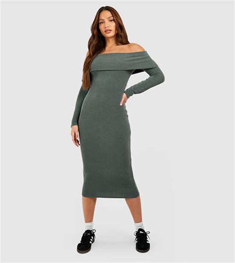 Buy Boohoo Tall Two Tone Rib Bardot Midaxi Dress In Khaki 6thstreet Qatar