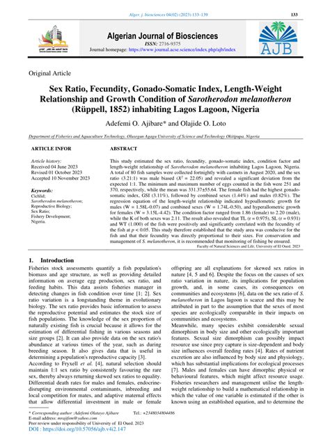 Pdf Sex Ratio Fecundity Gonado Somatic Index Length Weight