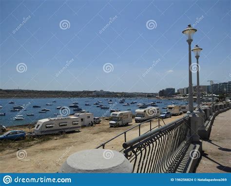 The Beach of Qawra City in Malta. Qawra, St Paul`s Bay, Malta Editorial ...