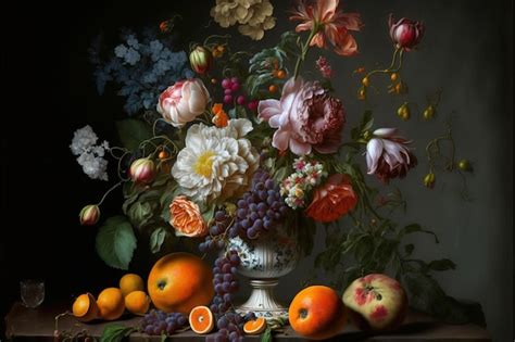 Premium Ai Image Classic Still Life Composition Vase Fruit Generative Ai