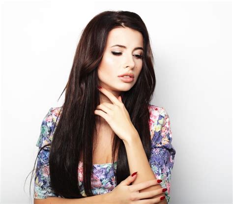 Premium Photo Beautiful Brunette Female In Summer Dress Over White Background